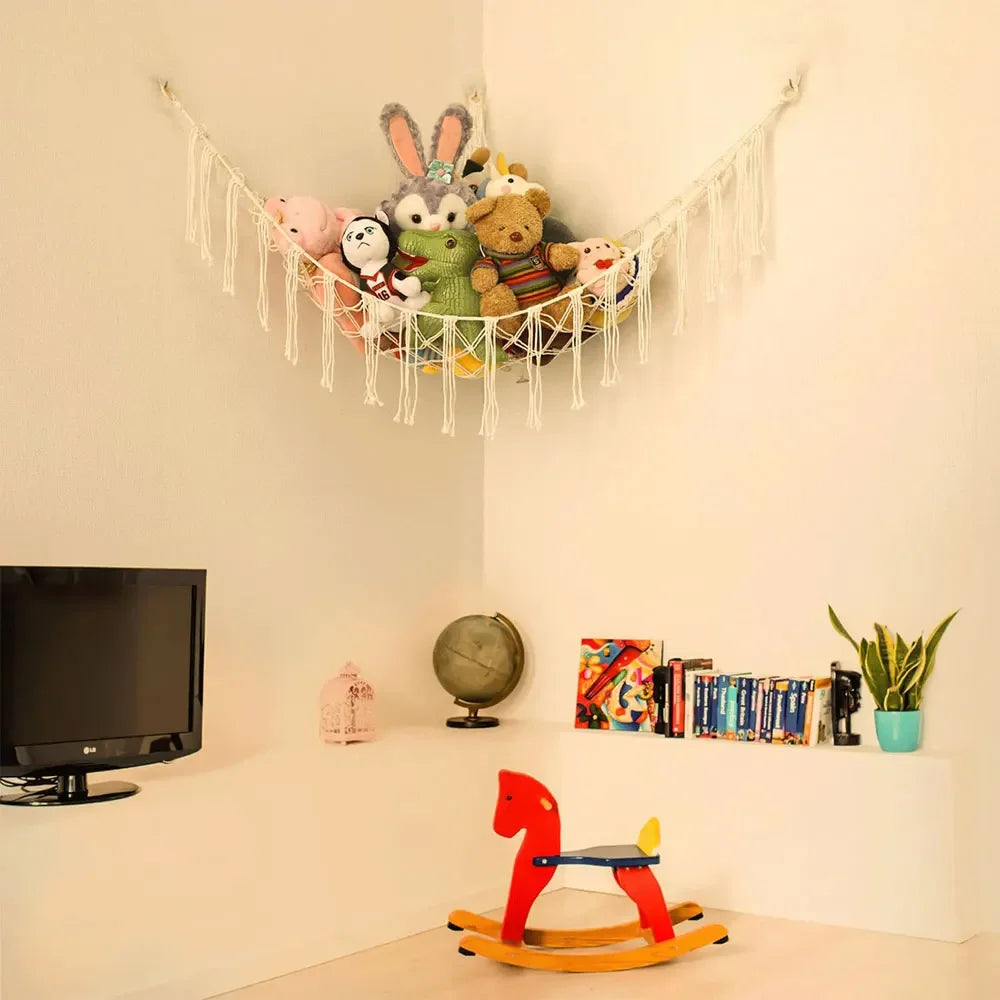 Toy Hammock Corner Hanging Storage Net Cotton Rope for Soft Toys - Grey