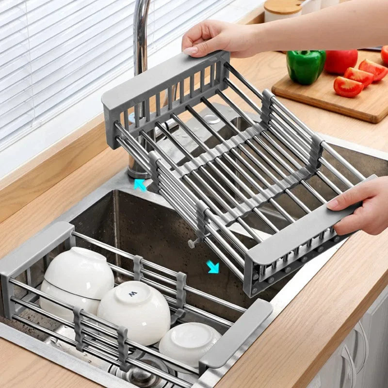 Kitchen Sink Drain Rack Adjustable Stainless Steel Retractable Dish Drying Basket Storage Organizer - Black