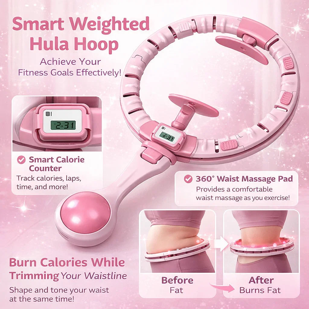 Smart Weighted Hula Hoop Adjustable Fitness Massage Ring with Counter and Ball for Waist Training - Pink