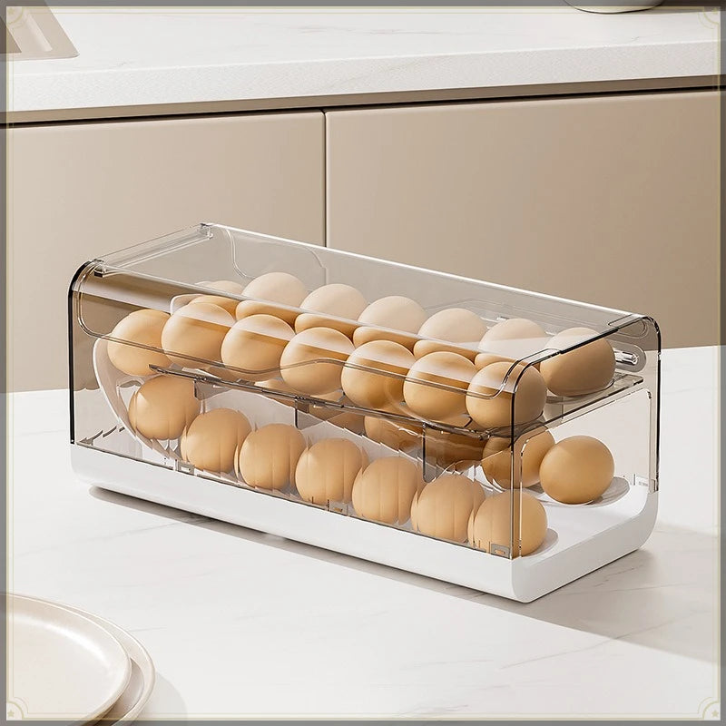 Egg Storage Box Sliding Dispenser with Visible Design - White