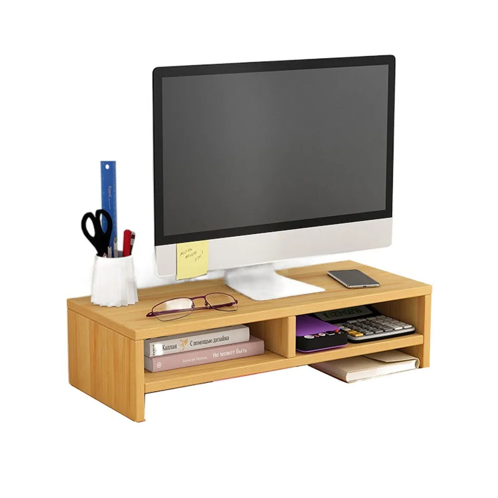 Wooden Monitor Stand Riser Double Layer Desktop Organiser with Storage Shelf – Khaki