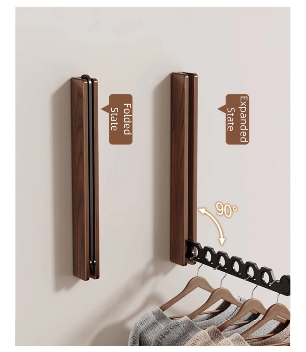 Retractable Wall Mounted Clothes Hanger Foldable Walnut Coat Rack Space Saving Laundry Drying Rack – Walnut