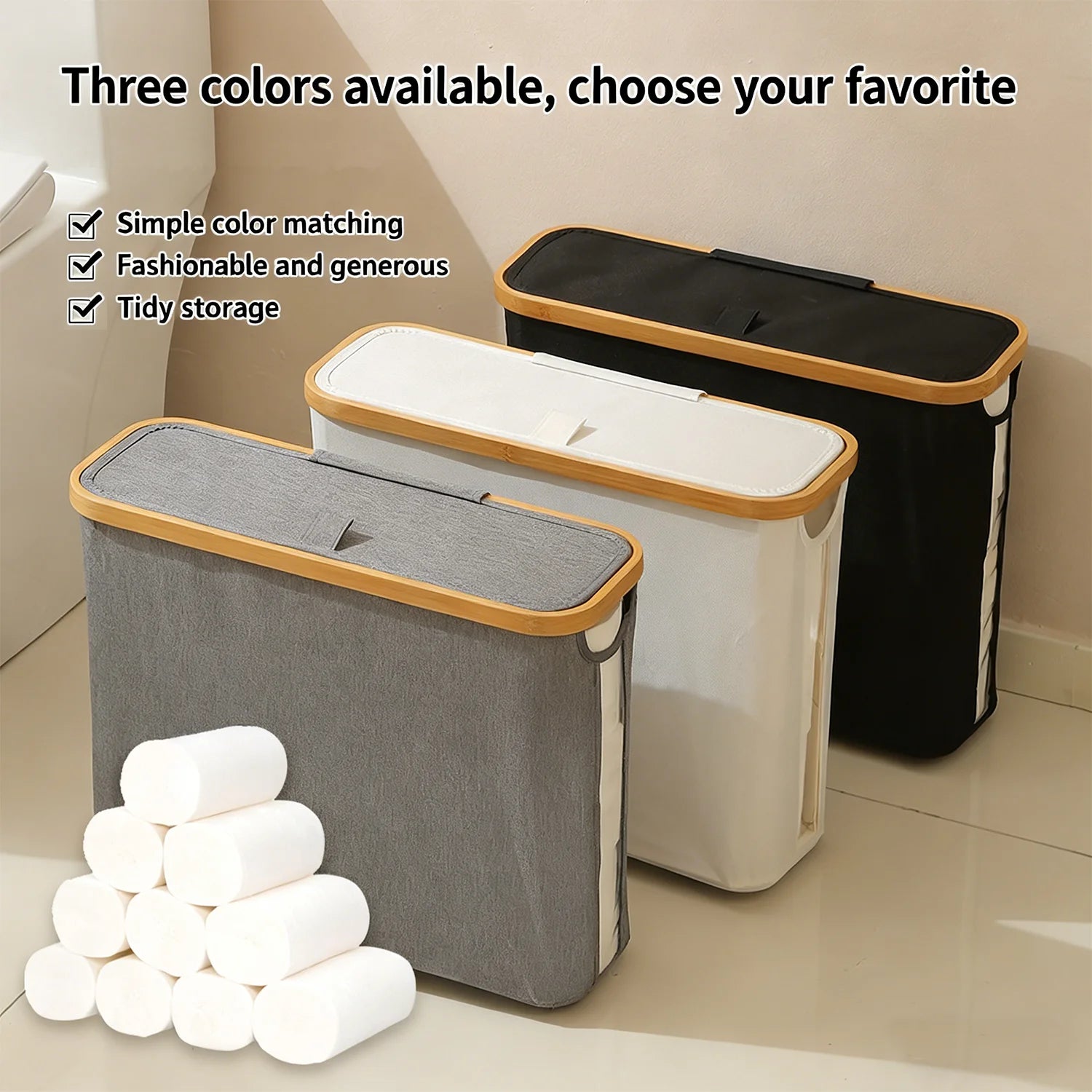 Toilet Paper Storage Basket Foldable Bamboo Frame Bathroom Organiser Bin with Lid - Black