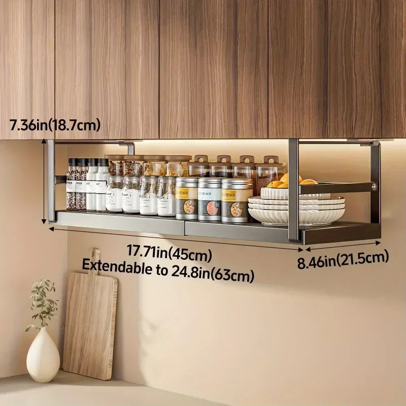 Stainless Steel Shelves Adjustable Spice Stand – Metal Expansion Cabinet Rack – Kitchen Hanging Seasoning Organizer – Black