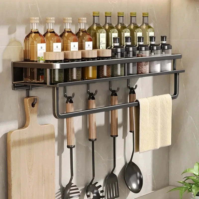 Wall Mounted Aluminum Kitchen Spice Rack with Hook Bar Storage Shelf Organizer – 40cm