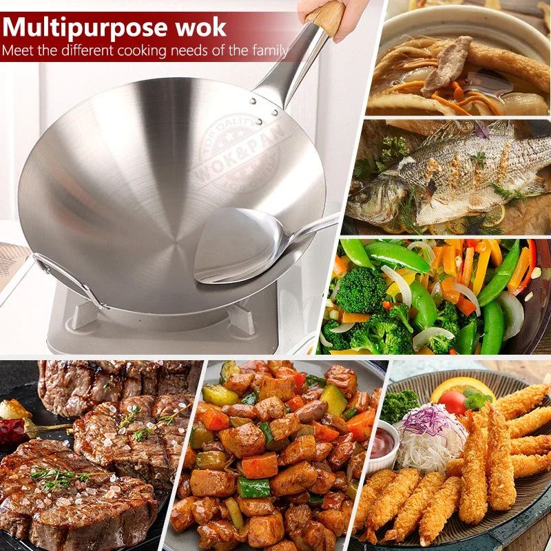 Wok 32cm Stainless Steel Round Bottom Chef Cooking Pan Beech Handle – Silver
