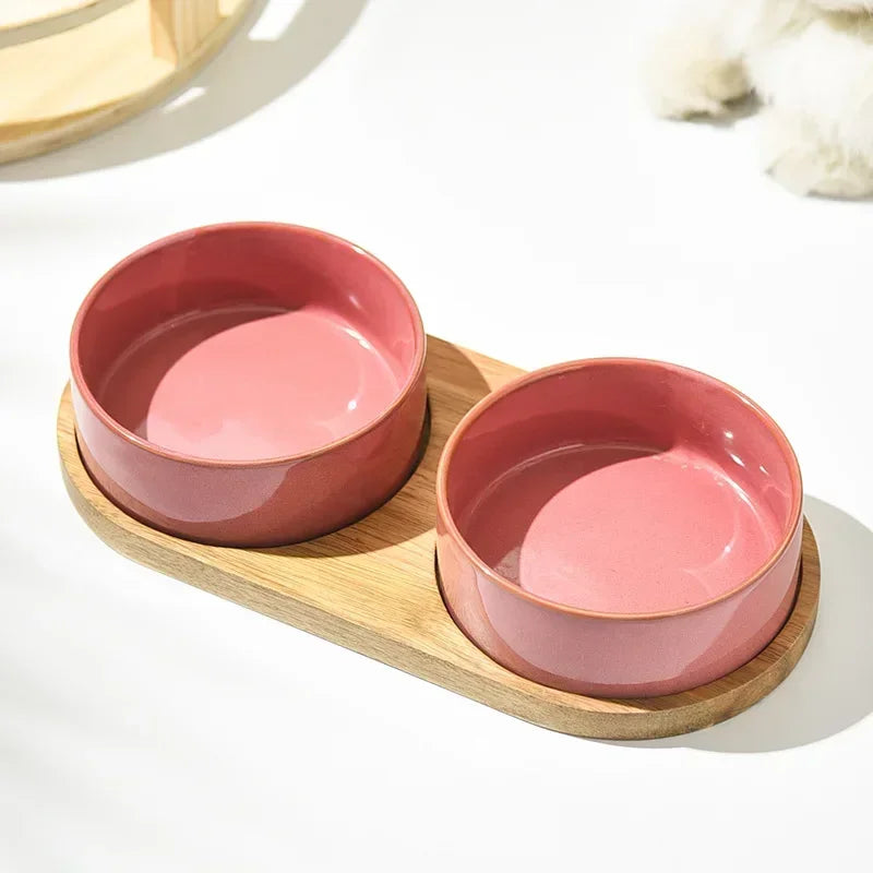 Ceramic Double Pet Feeding Bowl 850ml Raised Wooden Stand Anti-Spill Food Water Dish 15.5cm - Pink