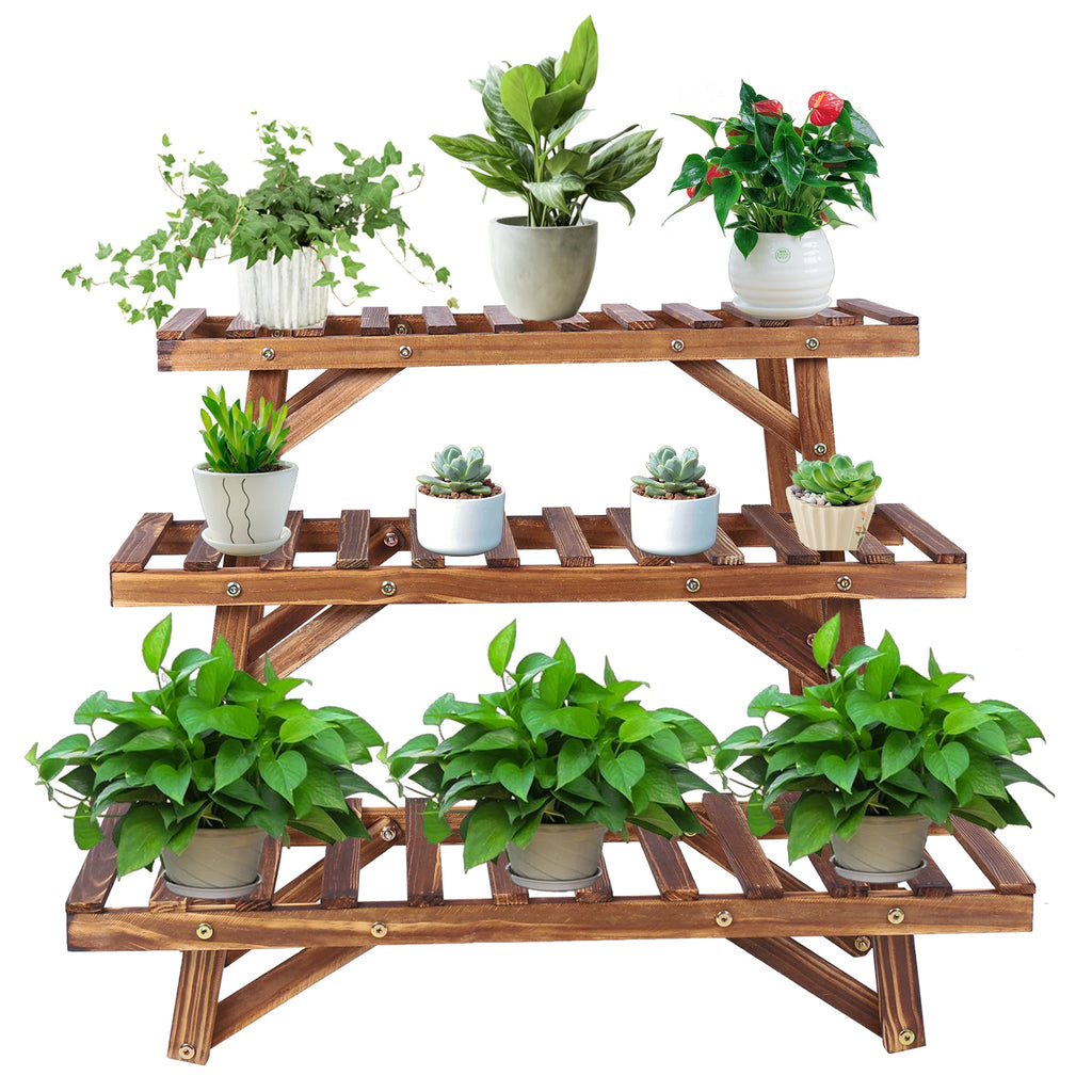3 Tier Wooden Plant Stand Stepped Flower Pot Display Rack Corner Shelf Indoor Outdoor – Dark Brown