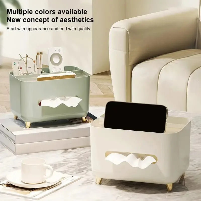 Tissue Box Holder with Storage Compartments and Remote Organiser ABS - Beige