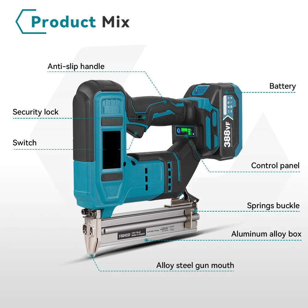 Brushless 30mm Electric Nail Gun 2-in-1 Nailer & Stapler – Cordless Framing and Tacker Tool for 18V Battery

      