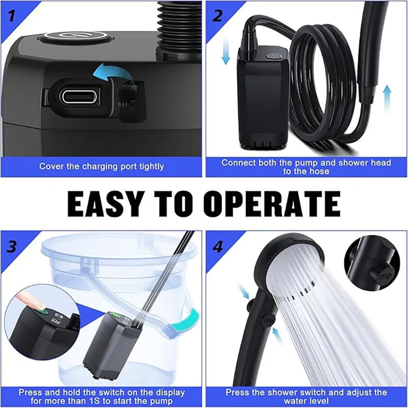 Portable Rechargeable Camping Shower 6000mAh with LED Display and Adjustable Shower Head