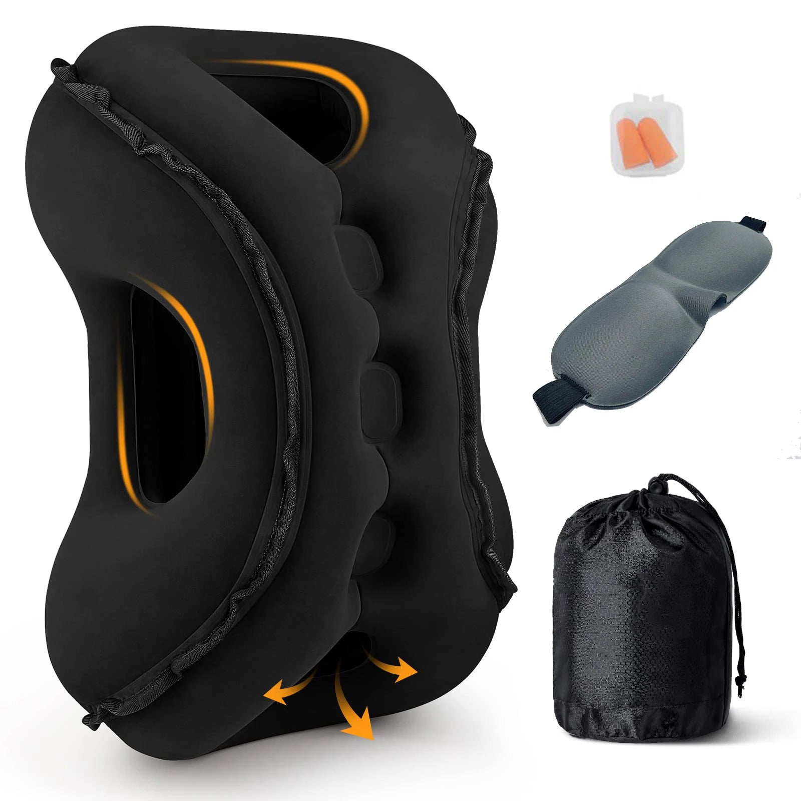Inflatable Travel Neck Pillow Ergonomic Airplane Head and Neck Support Cushion – Black