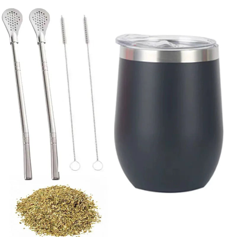 5 Piece Yerba Mate Cup Set 350ml Double Wall Stainless Steel Tea Mug with Straw and Cleaning Brushes – Black