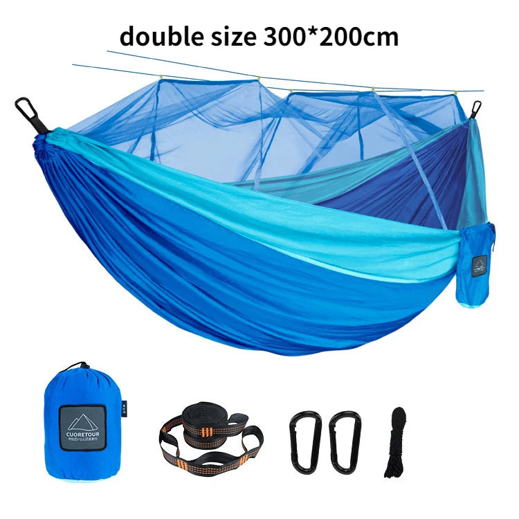 Camping Hammock Double Size Portable Nylon Hanging Bed with Mosquito Net 300cm - Blue