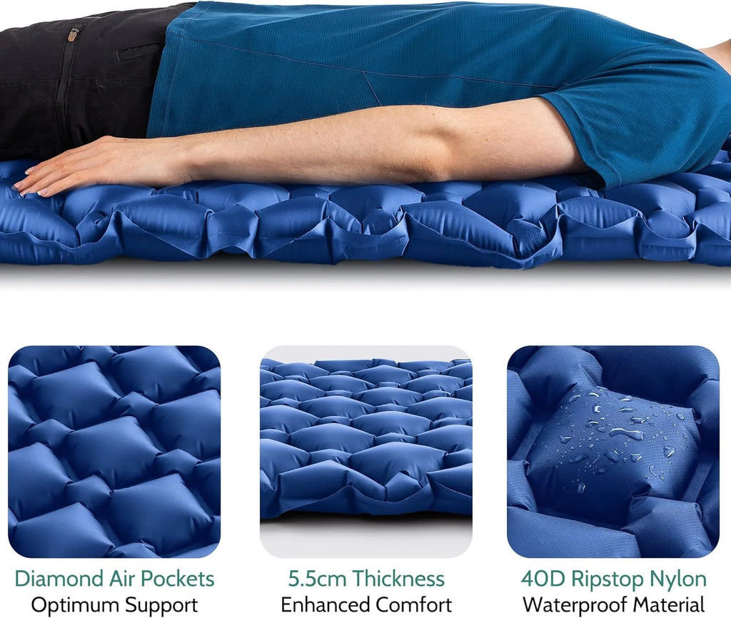Camping Sleeping Pad Inflatable Mattress Ultralight TPU Nylon Travel Mat 190x60cm - Royal Blue