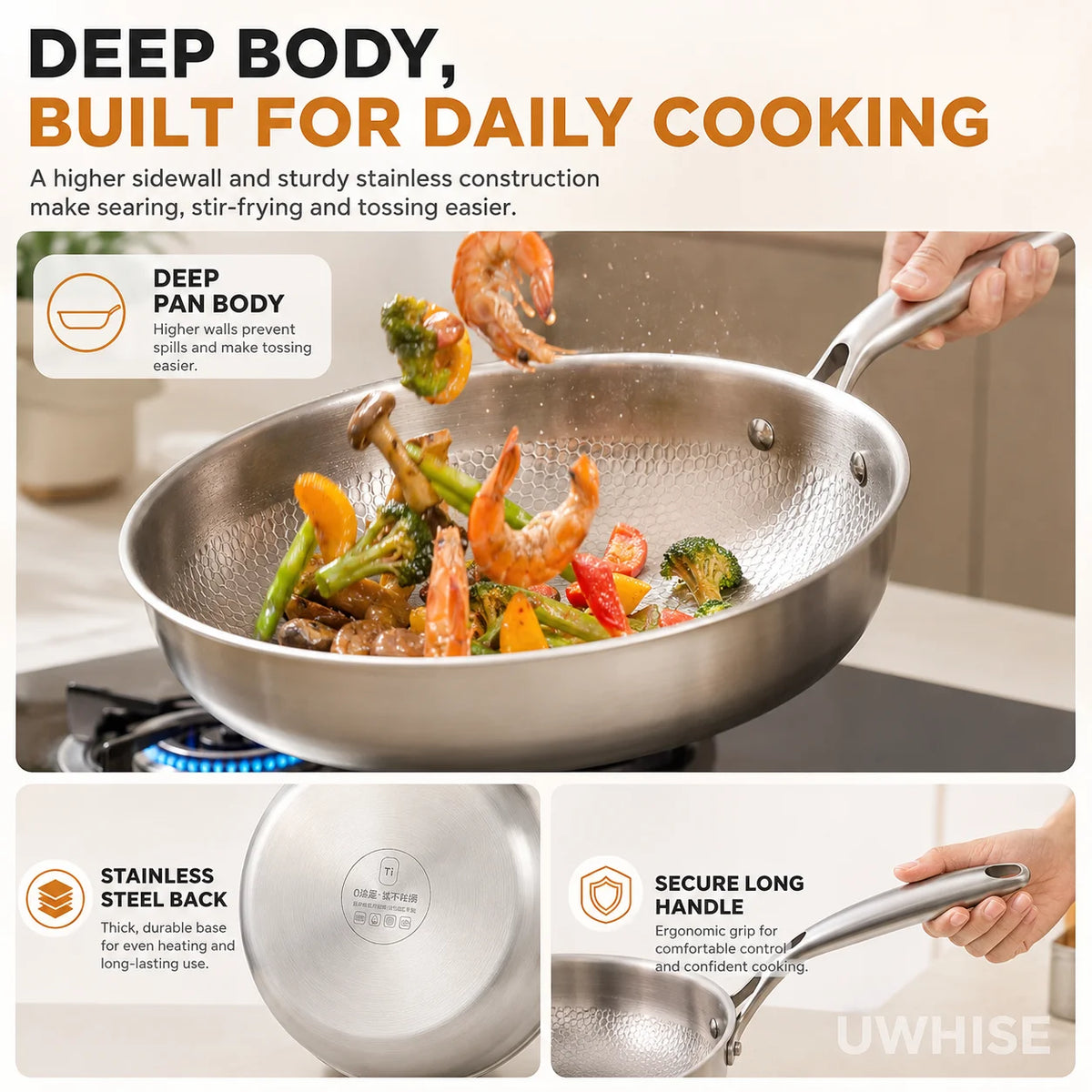 Frying Pan 30 cm Uncoated Stainless Steel Hammered Skillet with Glass Lid for Gas and Induction Cooktops