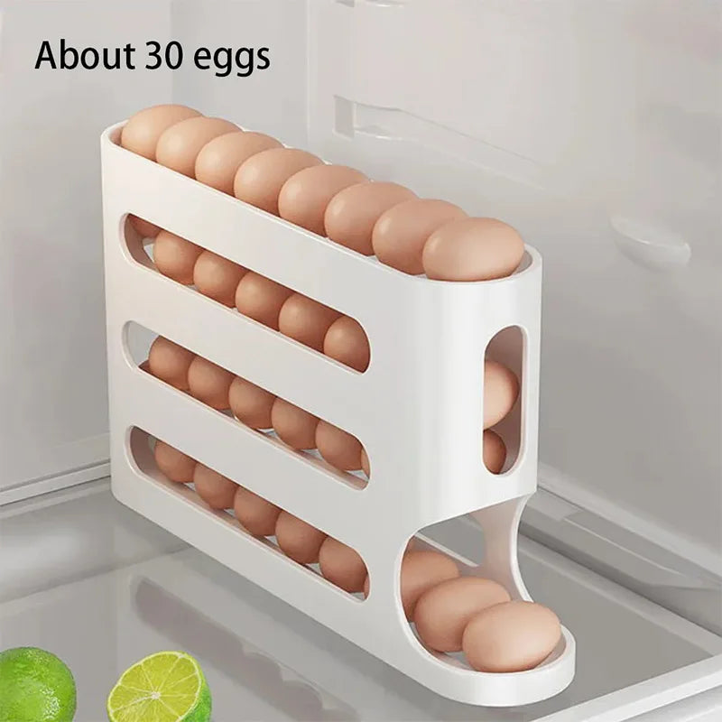 4 Tier Automatic Roll-Out Egg Storage Rack Refrigerator Egg Organizer Holder for Up to 30 Eggs – Transparent