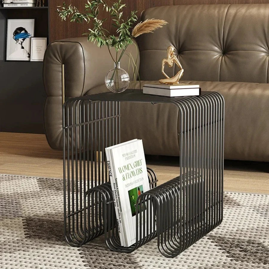 Side Table Metal Accent Table Integrated Magazine Rack Compact End Furniture – Black