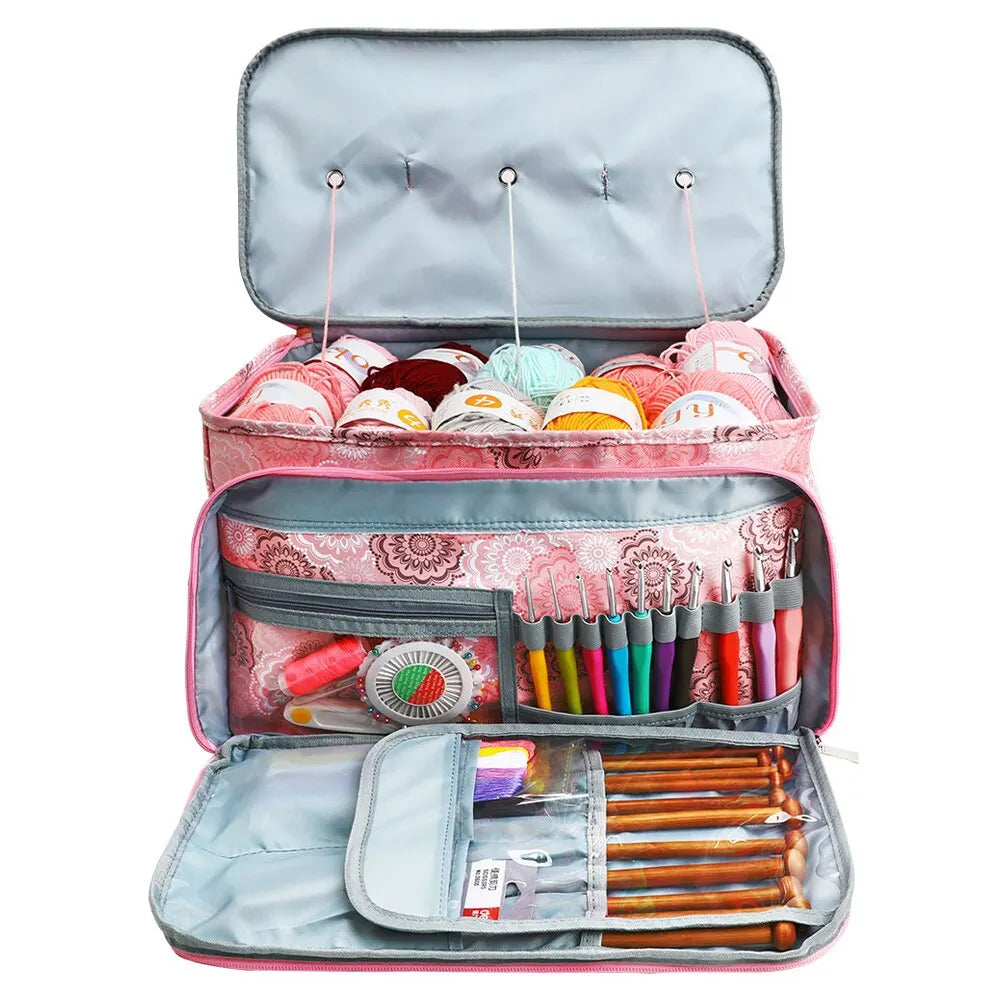 Portable Multifunctional Knitting Yarn Storage Bag Crochet Organizer with Carry Handle and Shoulder Strap
