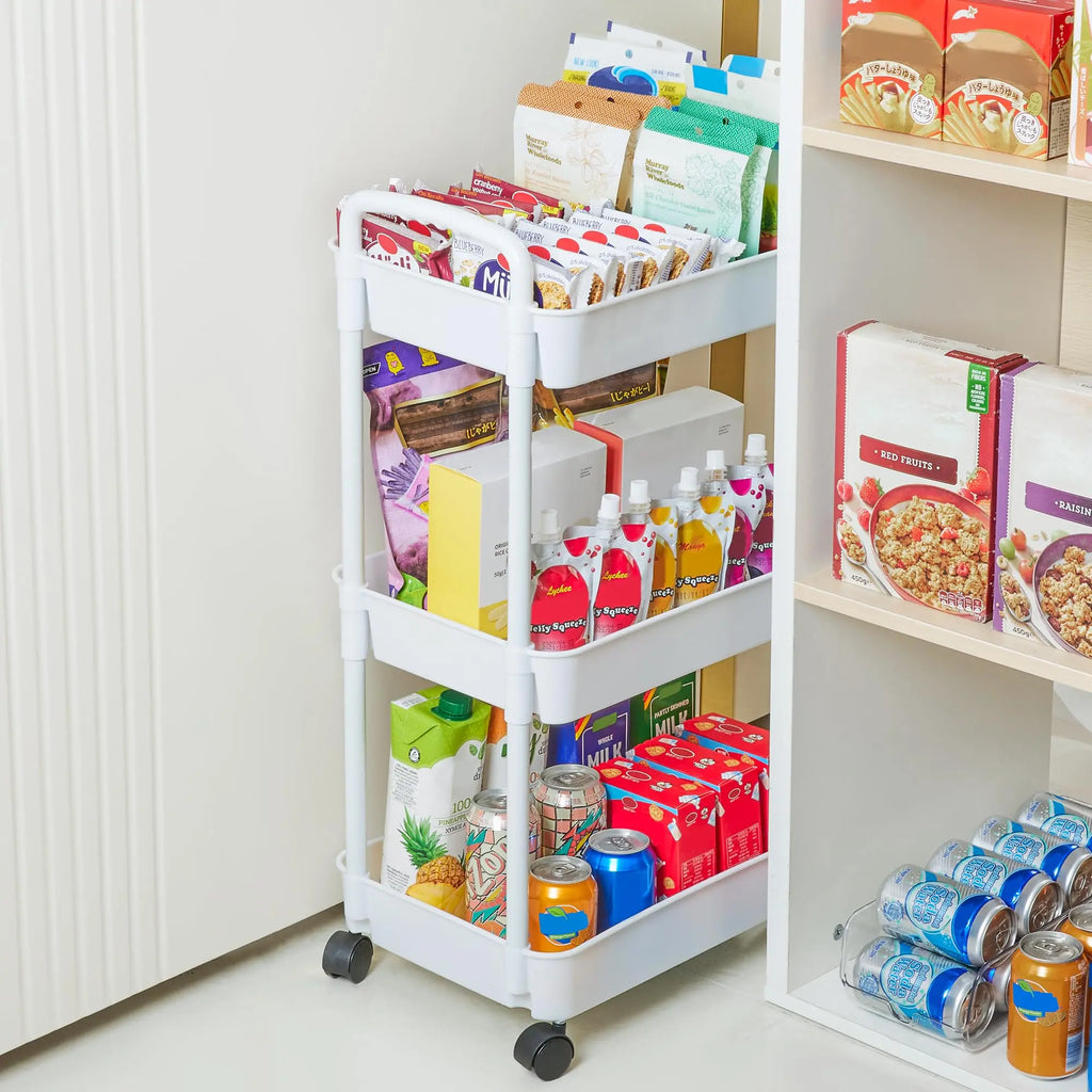 Portable 3-Tier Plastic Rolling Storage Cart with Wheels, Handle Utility Organizer Trolley - White