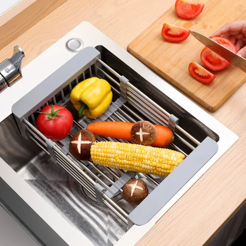 Kitchen Sink Drain Rack Adjustable Stainless Steel Retractable Dish Drying Basket Storage Organizer - Black