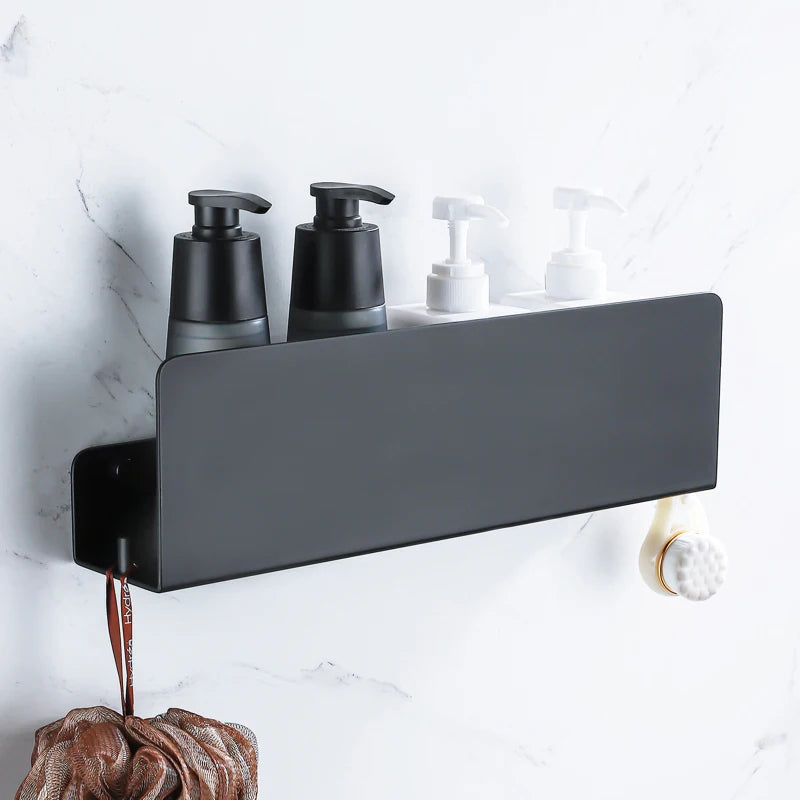 Bathroom Shelf 30cm Wall Mounted Aluminum Storage Rack Single Tier Organizer with Hooks - Gray