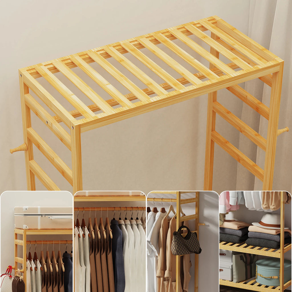 Bamboo Garment Rack with Shelves and Rolling Wheels Freestanding Clothes Hanging Organizer – Natural Wood