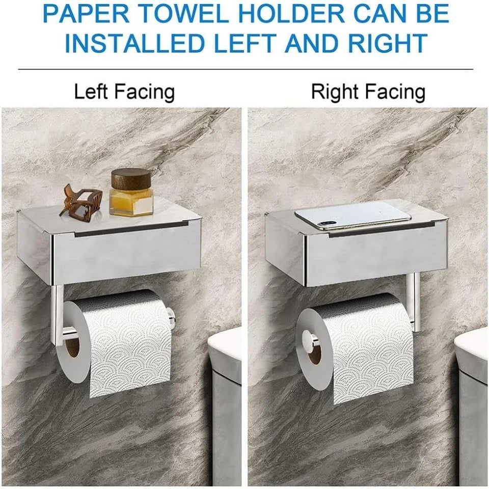 Toilet Paper Holder Stainless Steel Wall Mounted Tissue Holder with Shelf Wipes Storage Box