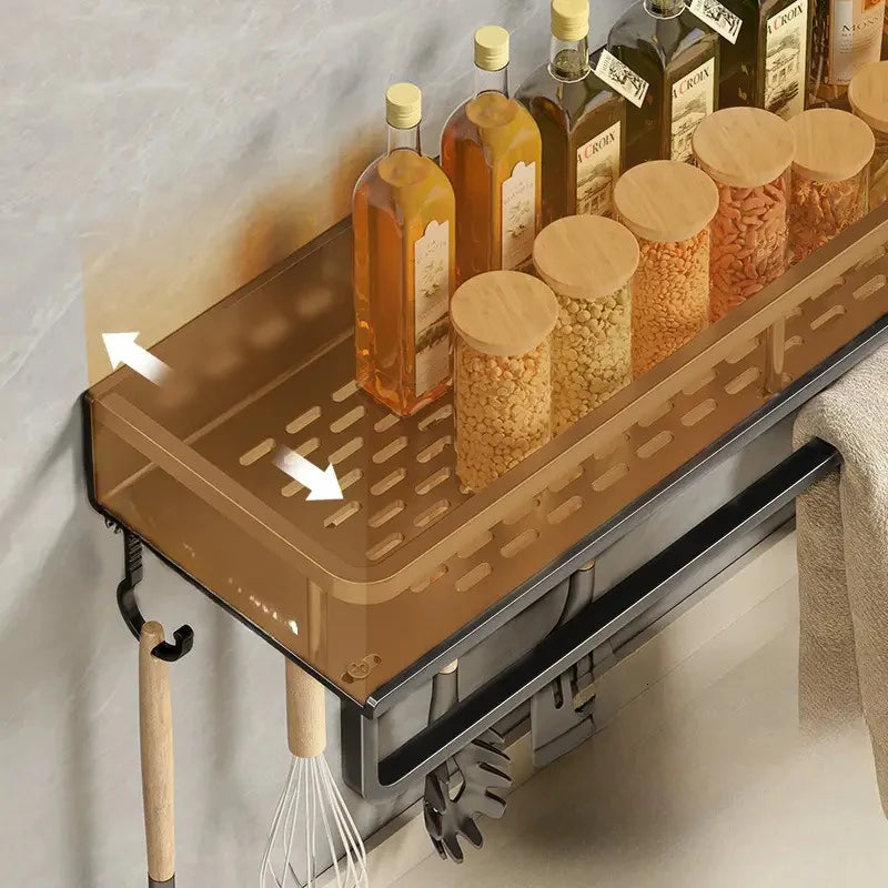 Wall Mounted Aluminum Kitchen Spice Rack with Hook Bar Storage Shelf Organizer – 30cm