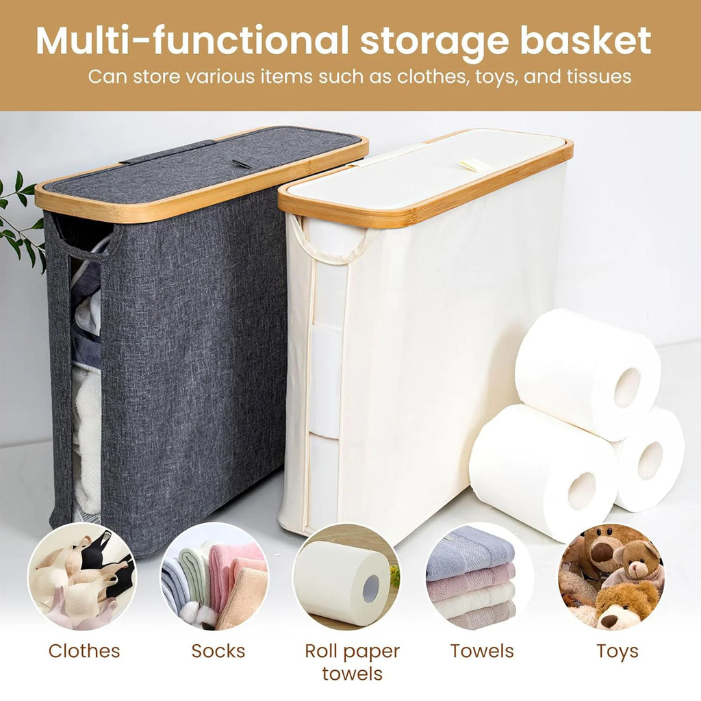 Toilet Paper Storage Basket Foldable Bamboo Frame Bathroom Organiser Bin with Lid - Black