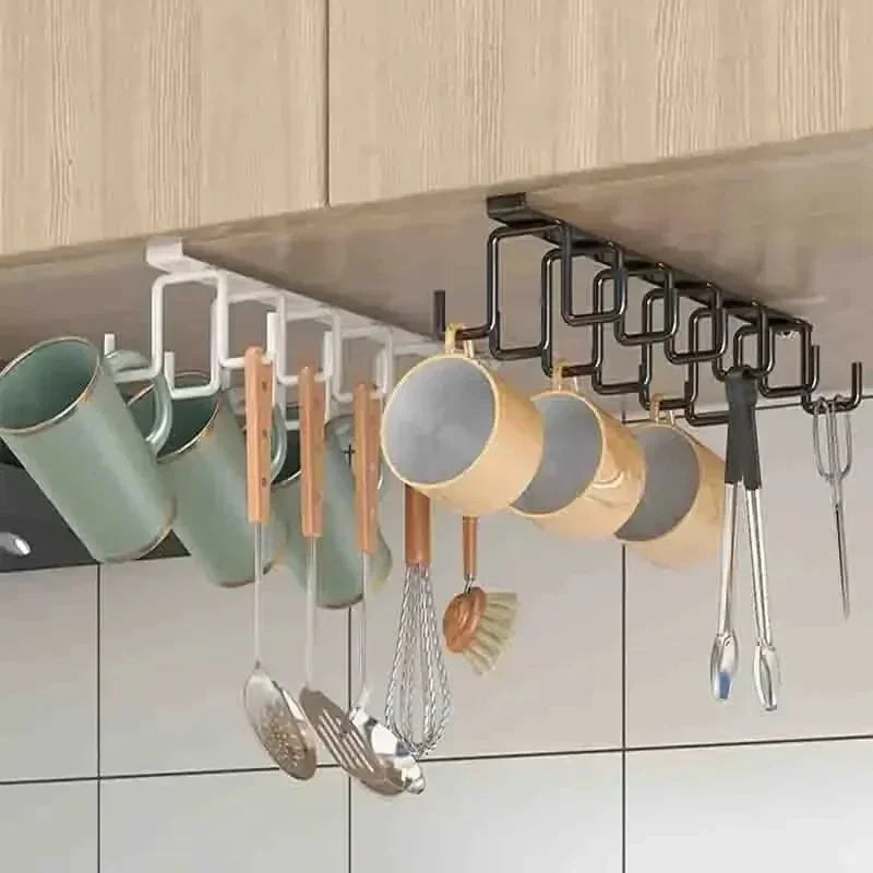 No Drill Double Row Kitchen Hook Rack Wall Mounted Carbon Steel Utensil Hanger with 12 Hooks – Black