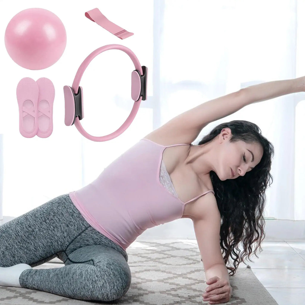 Pilates Ring and Ball Set Portable Resistance Training Kit with Band Home Fitness Equipment - Pink