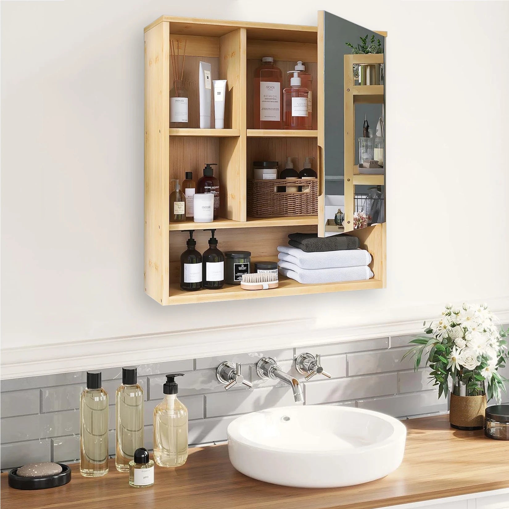 Wall Mounted Bamboo Bathroom Mirror Cabinet with Storage Shelves Medicine Cabinet Organizer – Natural Wood