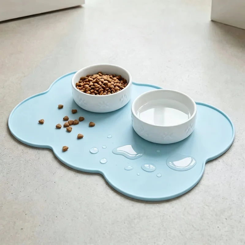 Pet Feeding Mat Silicone Waterproof Cat Bowl Placemat with Raised Edge - Blue