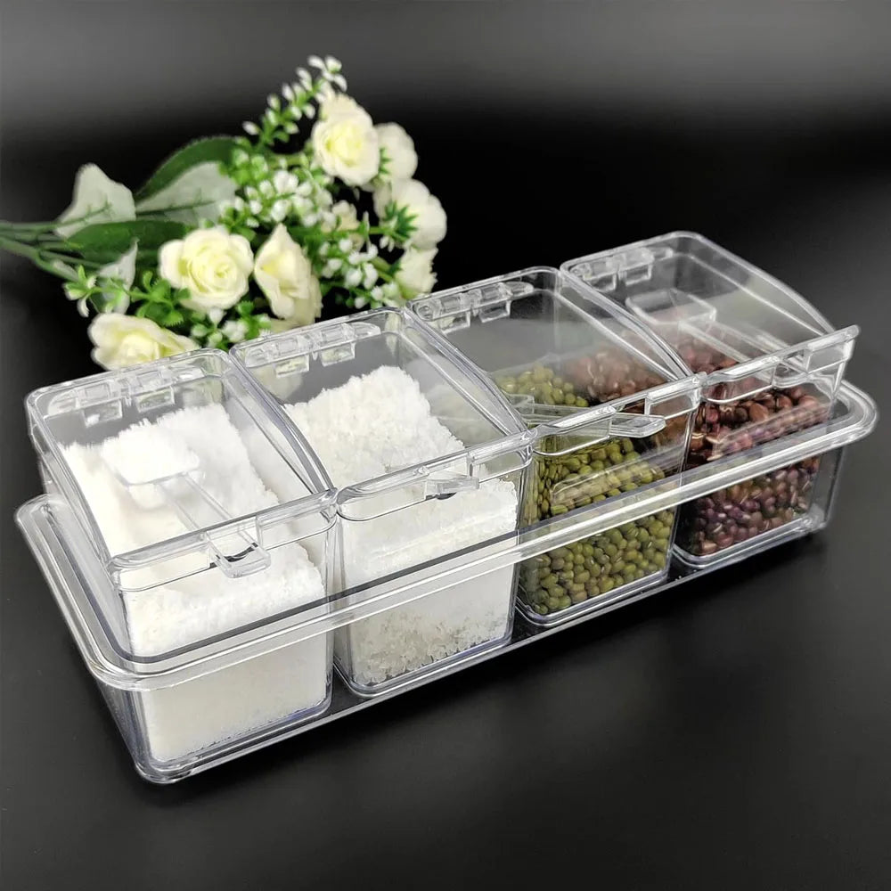 4 Compartment Clear Seasoning Box Spice Storage Container with Lids and Spoons – Transparent