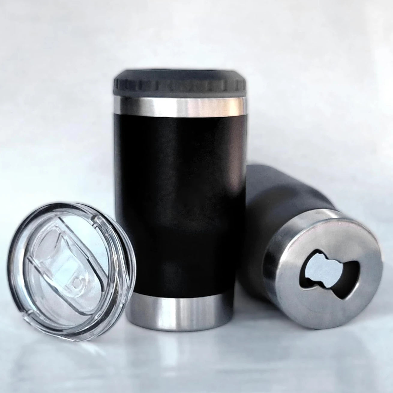 14oz Stainless Steel Insulated Can Cooler Tumbler with Dual Lids and Bottle Opener – Black