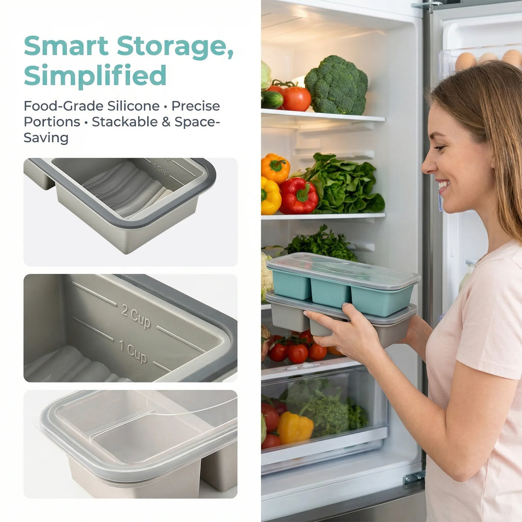 Silicone Freezer Soup Cube Tray with Lid BPA Free Food Storage Meal Prep Mold – Grey