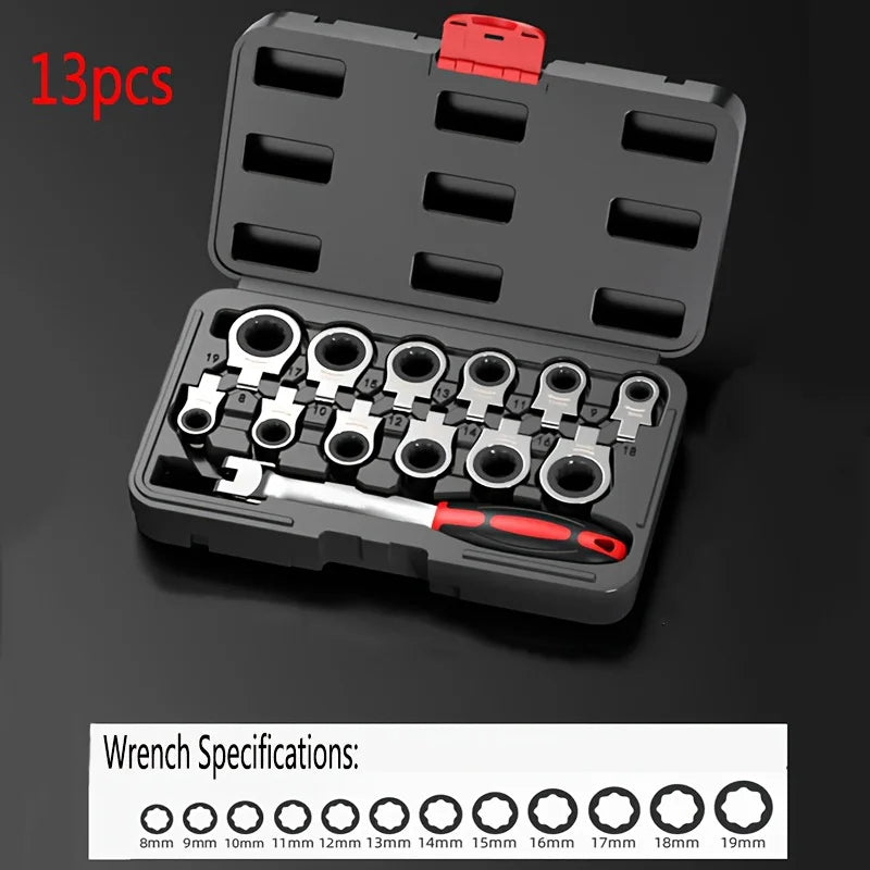 Ratchet Wrench Set Portable Multi Function Chrome Vanadium Steel 13 Piece Interchangeable Head Tool Kit