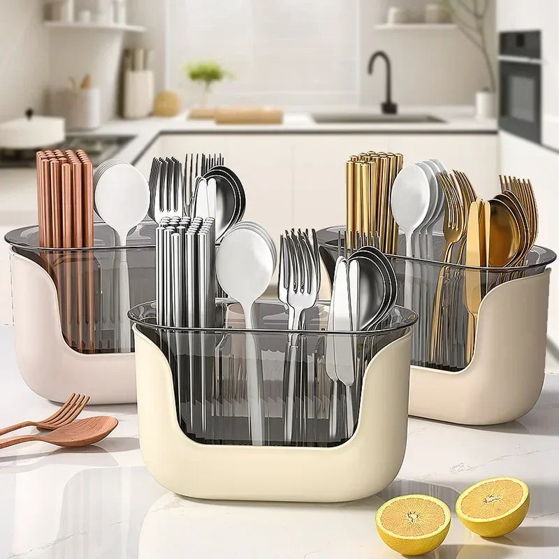 3-Compartment Cutlery Holder Plastic Chopstick Storage Basket With Drain Tray – Pink