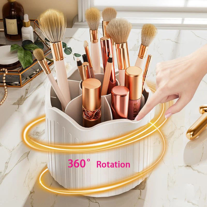 360° Rotating Makeup Brush Holder Cosmetics Organizer with Dustproof Lid and Storage Compartments – Yellow