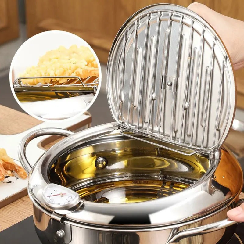 Oil Frying Pan 24 cm Stainless Steel Deep Frying Pot with Thermometer, Lid and Drain Rack