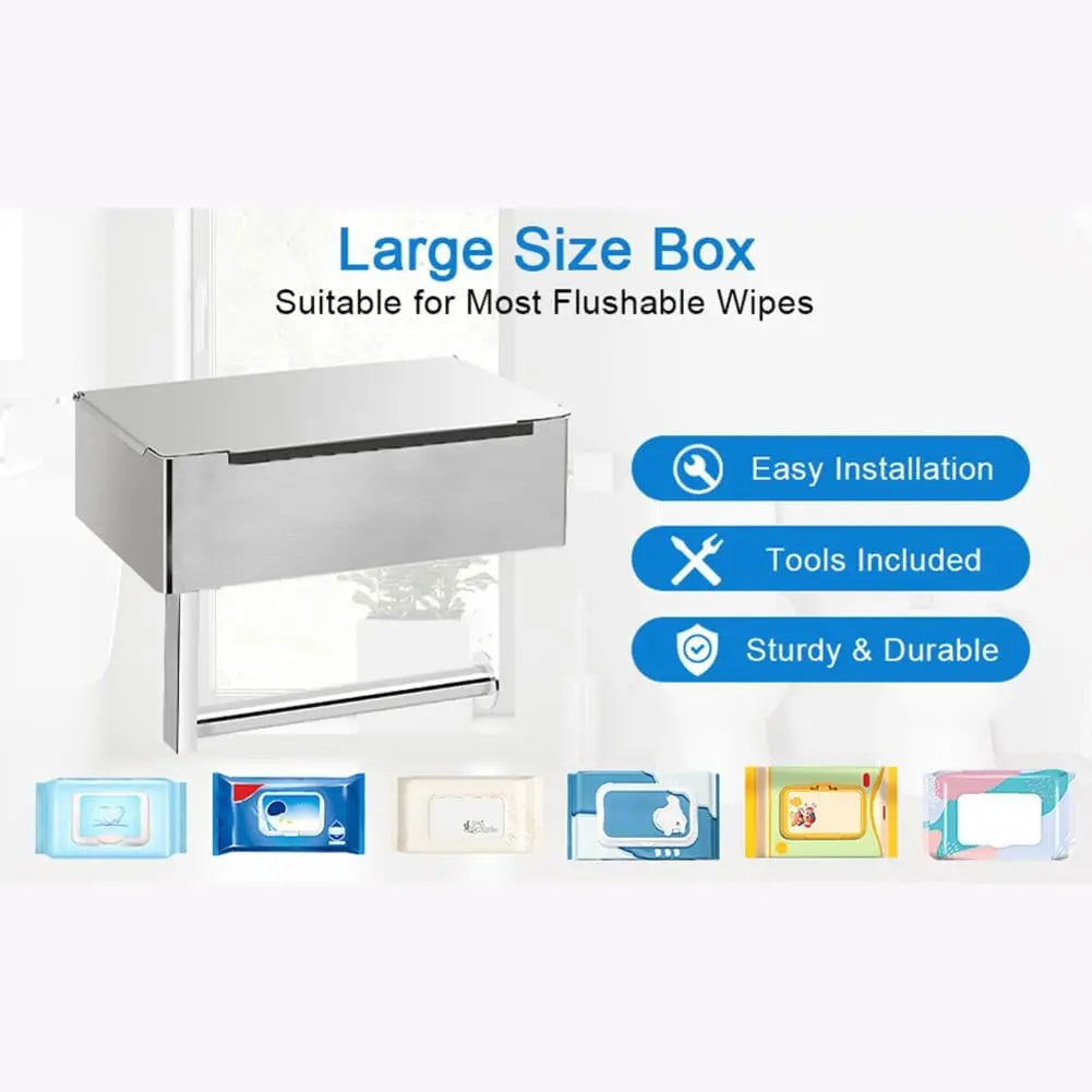Toilet Paper Holder Stainless Steel Wall Mounted Tissue Holder with Shelf Wipes Storage Box