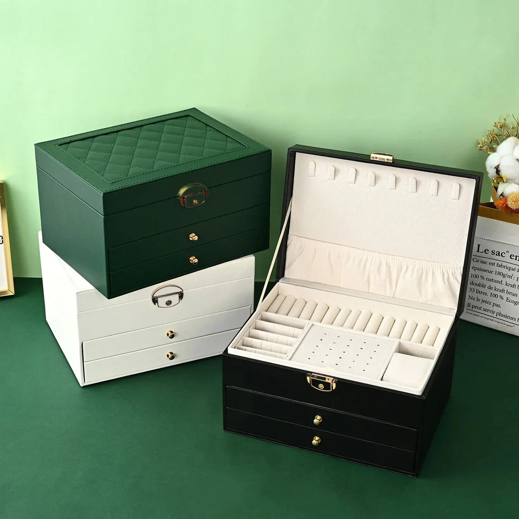 Jewellery Storage Box Multi Layer Leather Organiser with Velvet Interior and Drawers