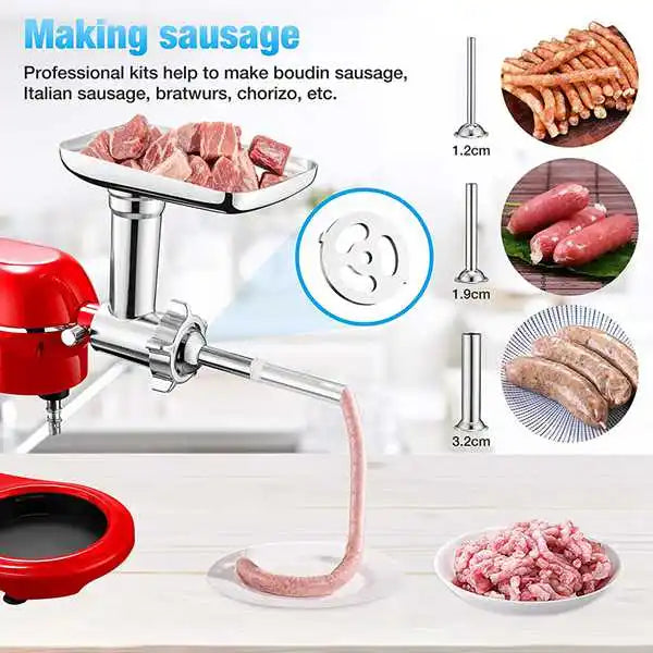 Stainless Steel Meat Grinder Attachment Food Processor Accessory with Sausage Maker Kit – Red