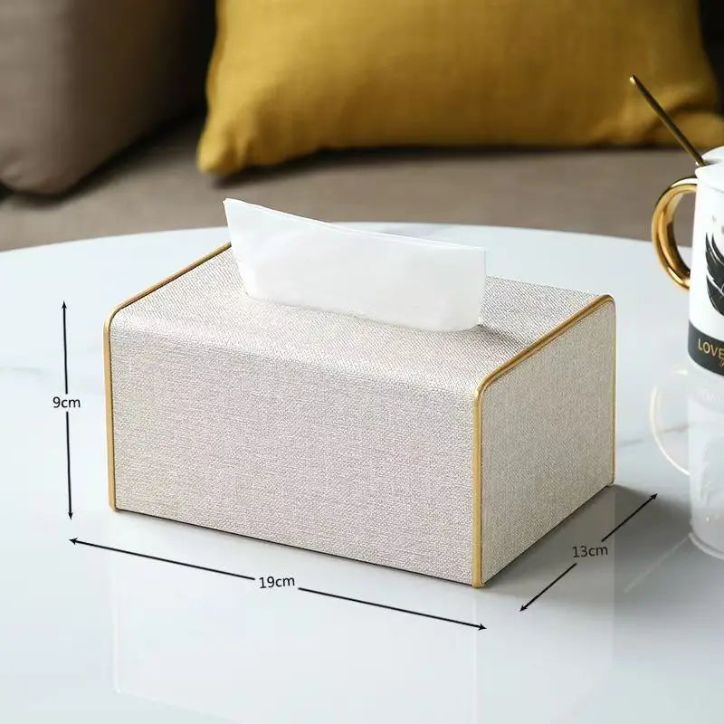 Tissue Box 19 × 13 × 9 cm Leather Covered Desktop Tissue Holder with Gold Trim