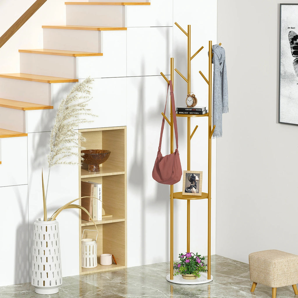 Coat Rack Stand 172cm Metal Hall Tree with Marble Shelf 9 Hooks Freestanding - Gold