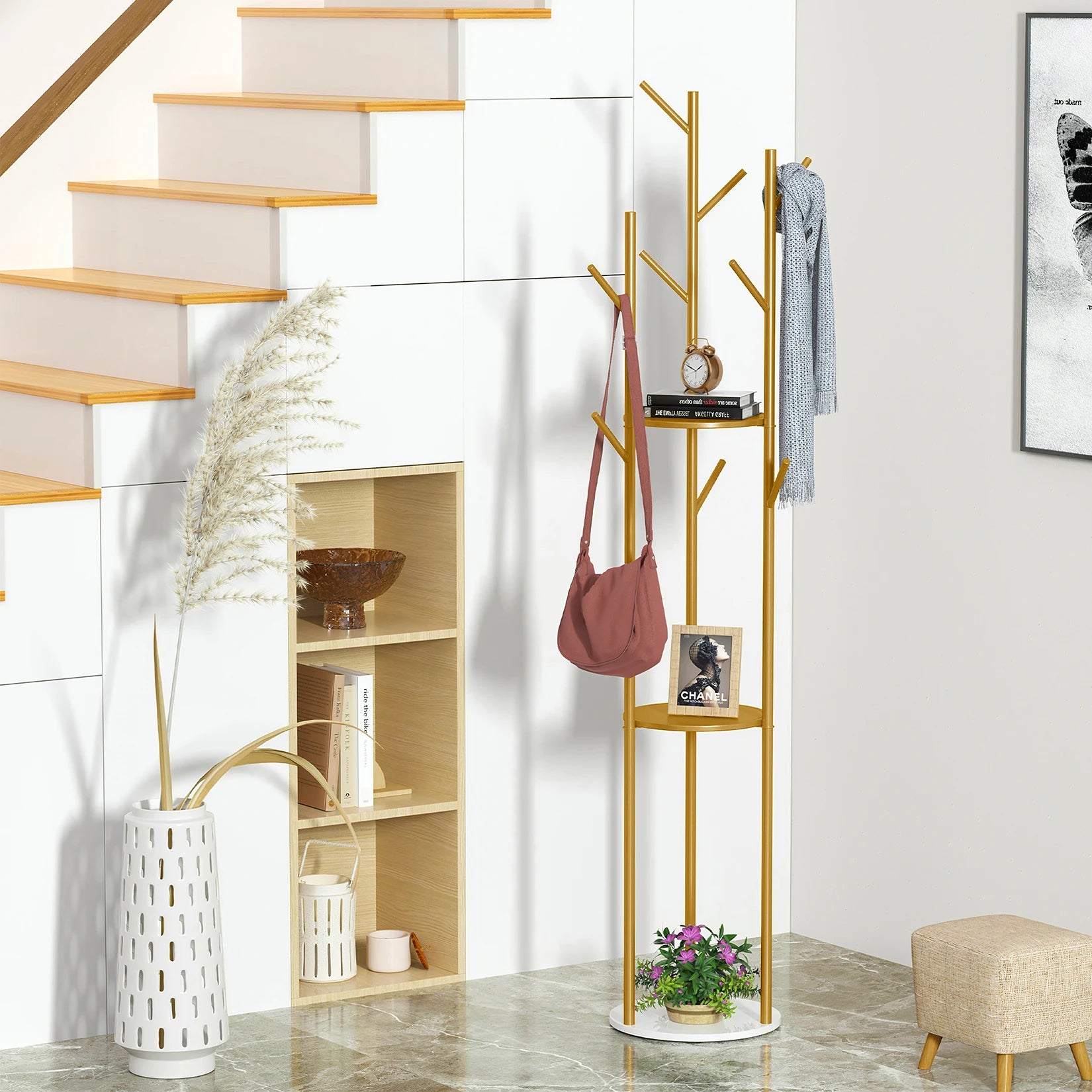 Coat Rack Stand 172cm Metal Hall Tree with Marble Shelf 9 Hooks Freestanding - Gold