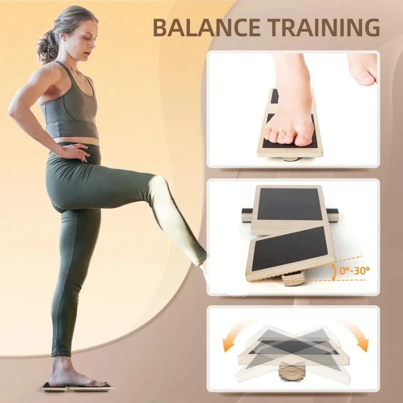 Wooden Balance Board Single Foot Trainer Ankle Strength and Stability Exercise Tool - Black Beige