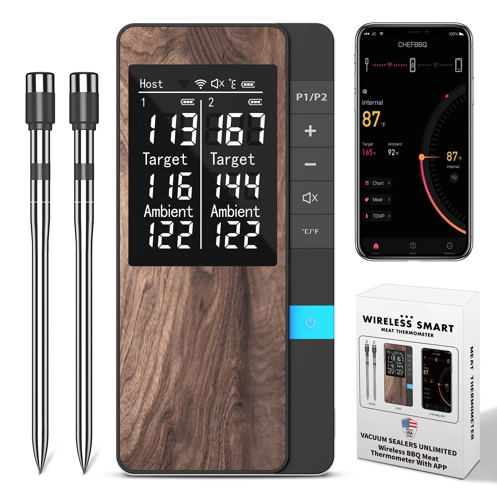Wireless Meat Thermometer 2 Probe Digital Bluetooth with LCD Screen Rechargeable for BBQ Oven Rotisserie