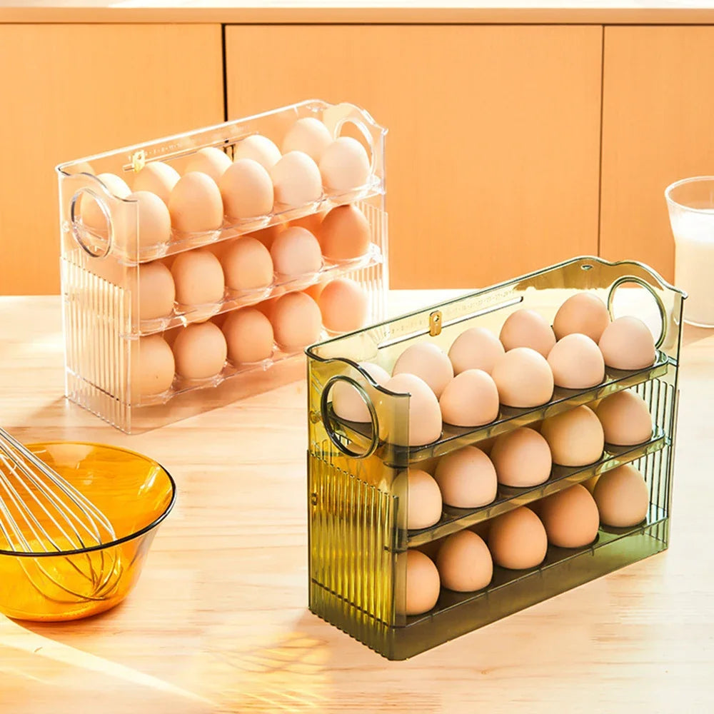 Egg Storage Container 30 Egg 3 Tier Flip Fridge Organiser Portable Date Dial Tray – Transparent